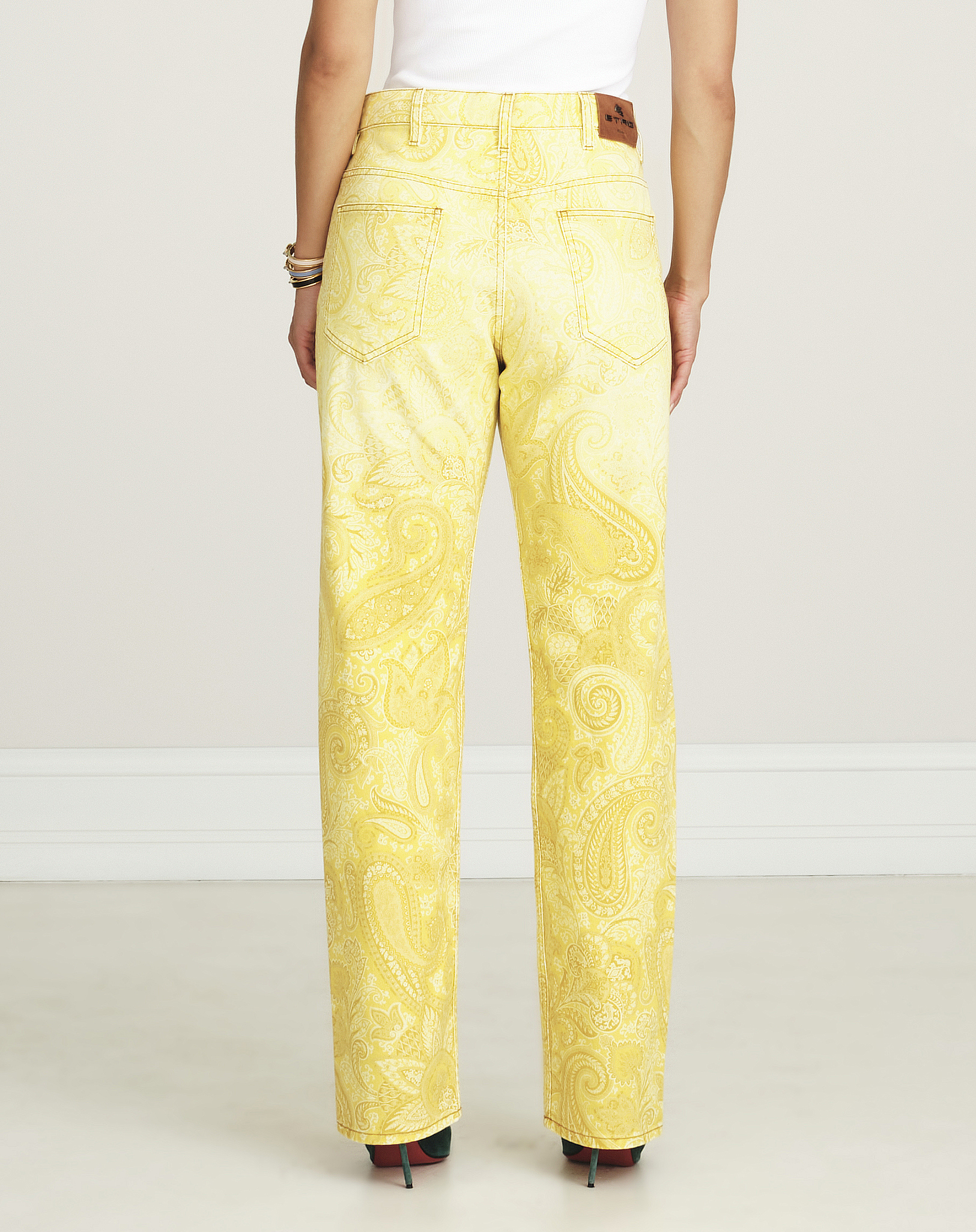 Etro - Yellow Paisley Printed High Rise Straight Jeans 30